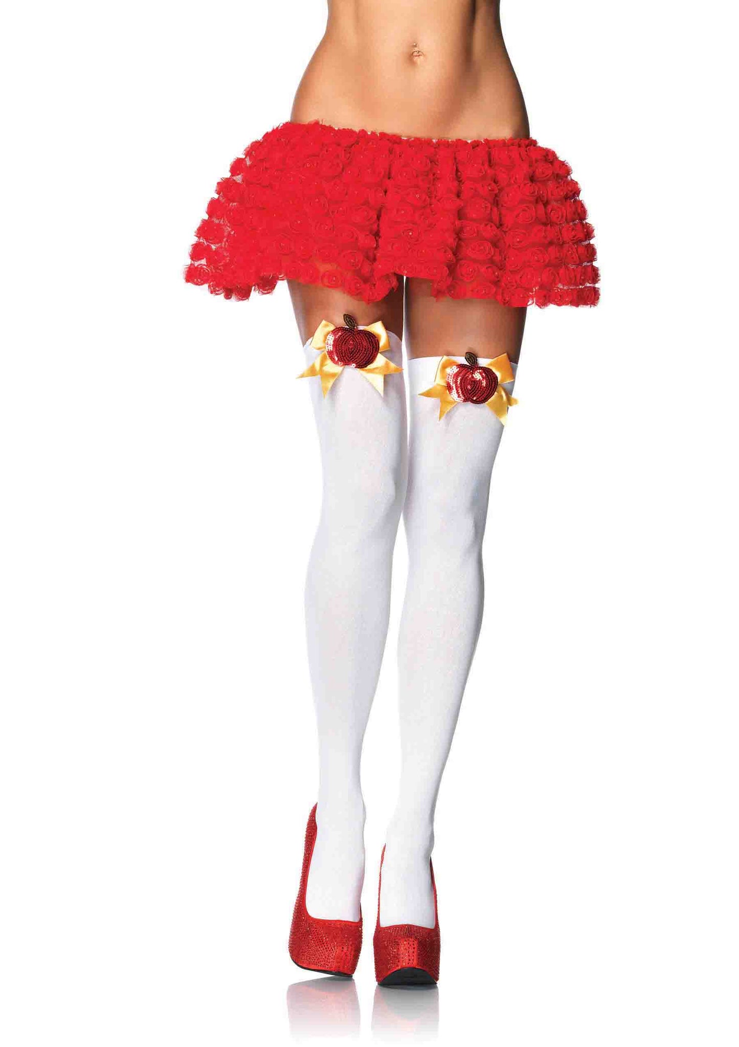Woven diamond card suit thighs high with bow and card charm O/S WHITE/RED/BLACK