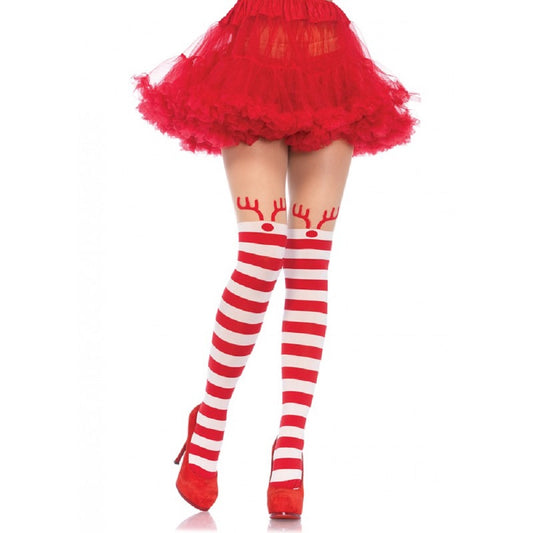 Rudolph Reindeer Opaque Striped Pantyhose with Sheer Thigh High