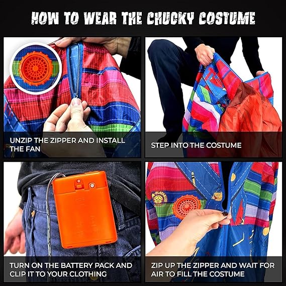 Rubies Licensed Chucky Inflatable Costume- Inflatable Costume Adult Chucky Doll Life Size 6’ Chucky Costume Lightweight Built-In Fan Blow Up Costumes for Adults Funny Halloween Costumes for Men Women
