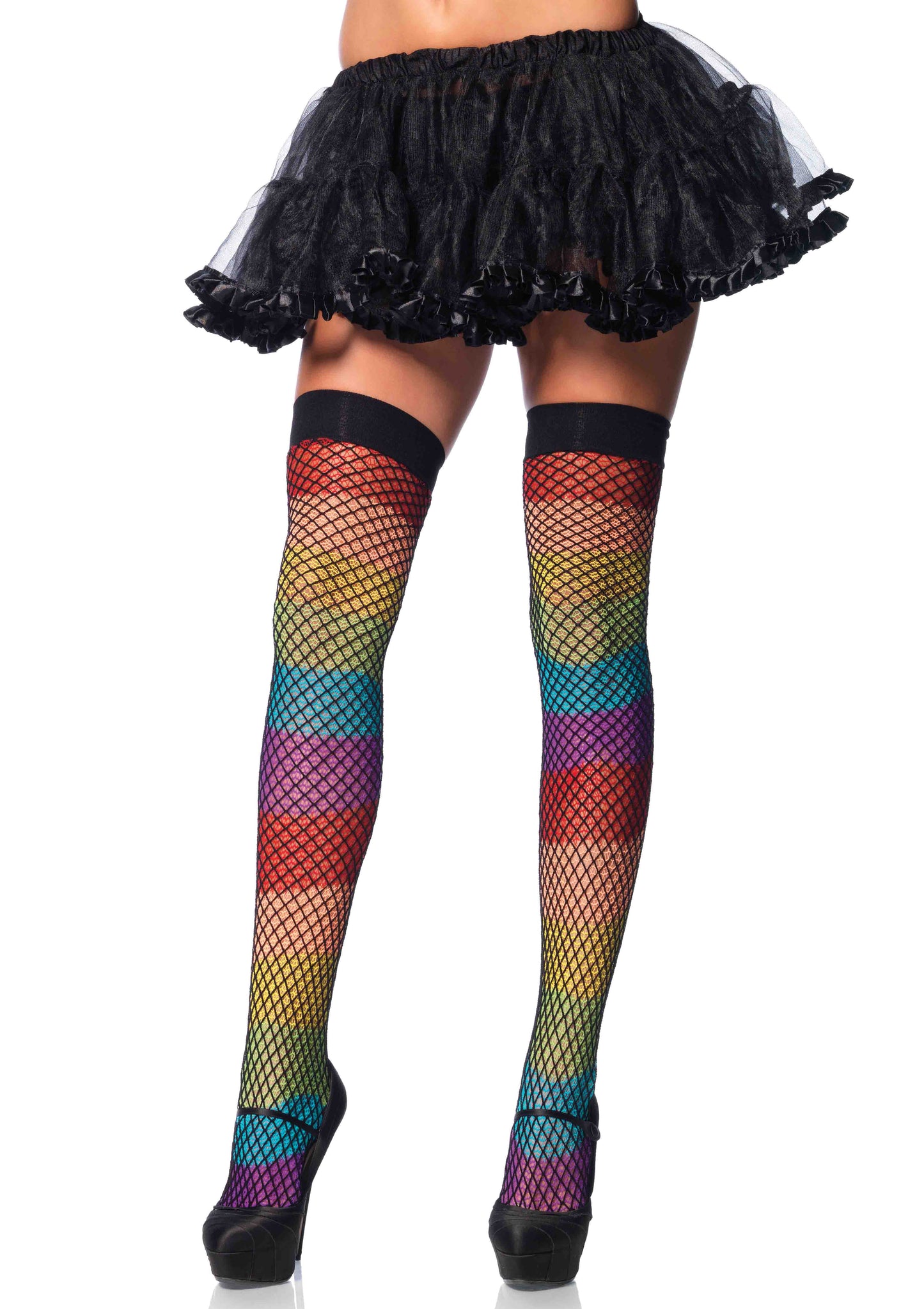 Rainbow Thigh Highs with Fishnet Overlay