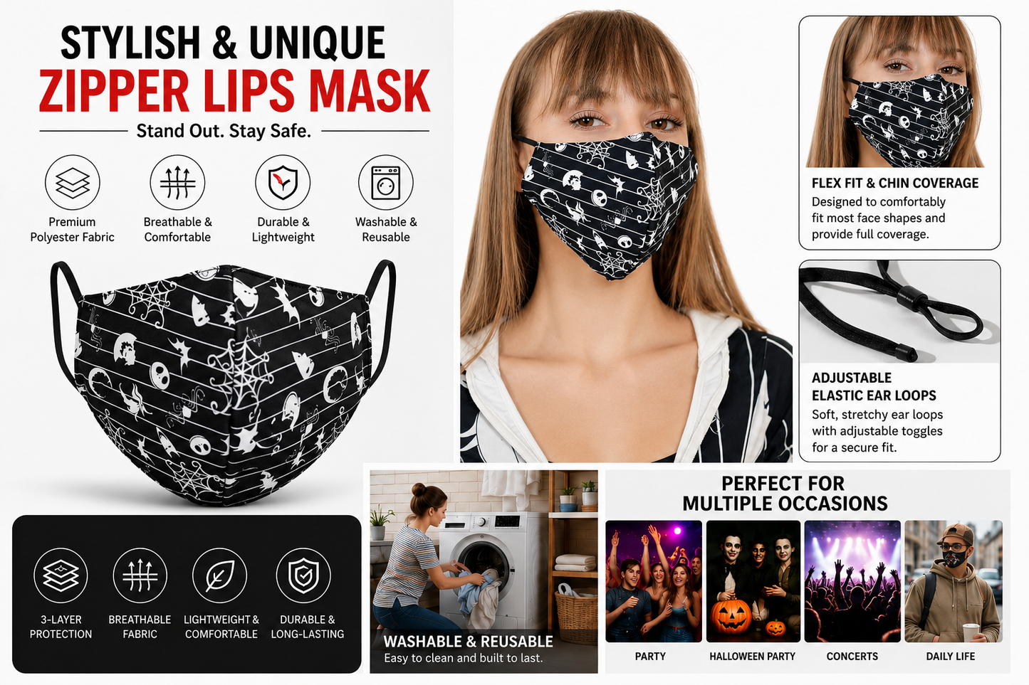 3D Printed Face Mask, Reusable Washable Adjustable Cloth Face Mask with Soft Breathable Fabric, Novelty Costume Fashion Mask for Halloween, Cosplay, Festivals and Daily Wear - Nightmare