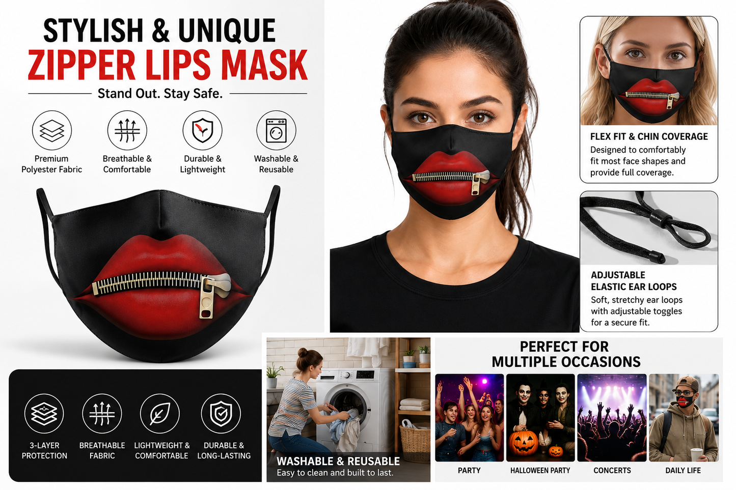 3D Printed Face Mask, Reusable Washable Adjustable Cloth Face Mask with Soft Breathable Fabric, Novelty Costume Fashion Mask for Halloween, Cosplay, Festivals and Daily Wear - Sealed Lips