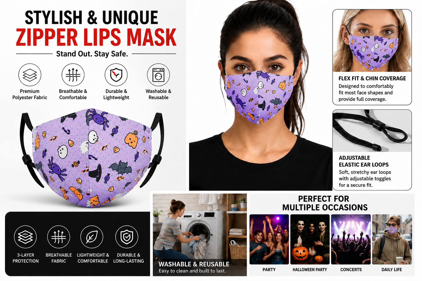 3D Printed Face Mask, Reusable Washable Adjustable Cloth Face Mask with Soft Breathable Fabric, Novelty Costume Fashion Mask for Halloween, Cosplay, Festivals and Daily Wear - Spooky