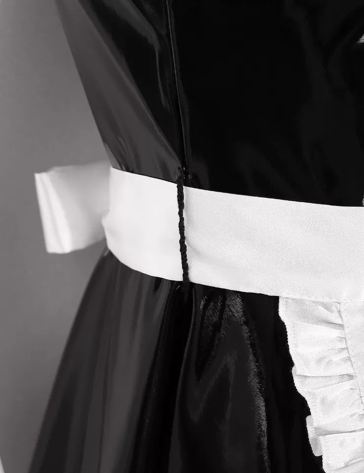 Patent Leather Men Sissy Maid Costume Cosplay Outfit Maid Servant Uniform with Apron Sexy Lingerie Clubwear