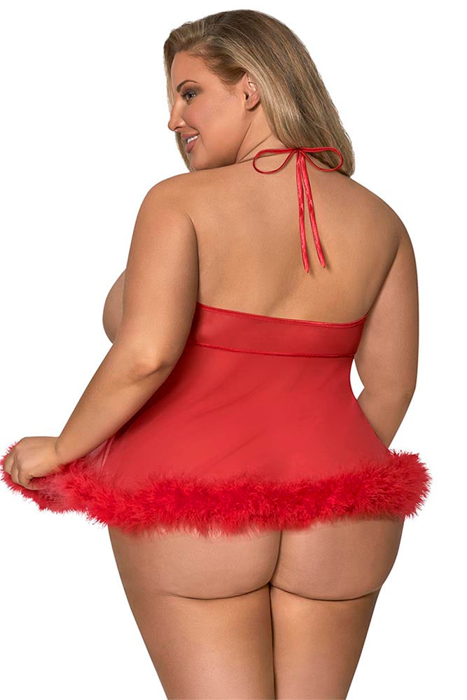 M277 Marabou Cupless & Crotchless Baby Doll Set - Back View