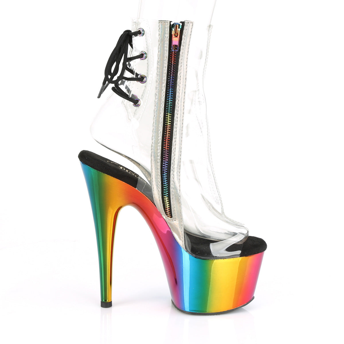ADORE-1018RC *7" Heel, 2 3/4" Chromed PF Open Toe Ankle Boot, Side Zip