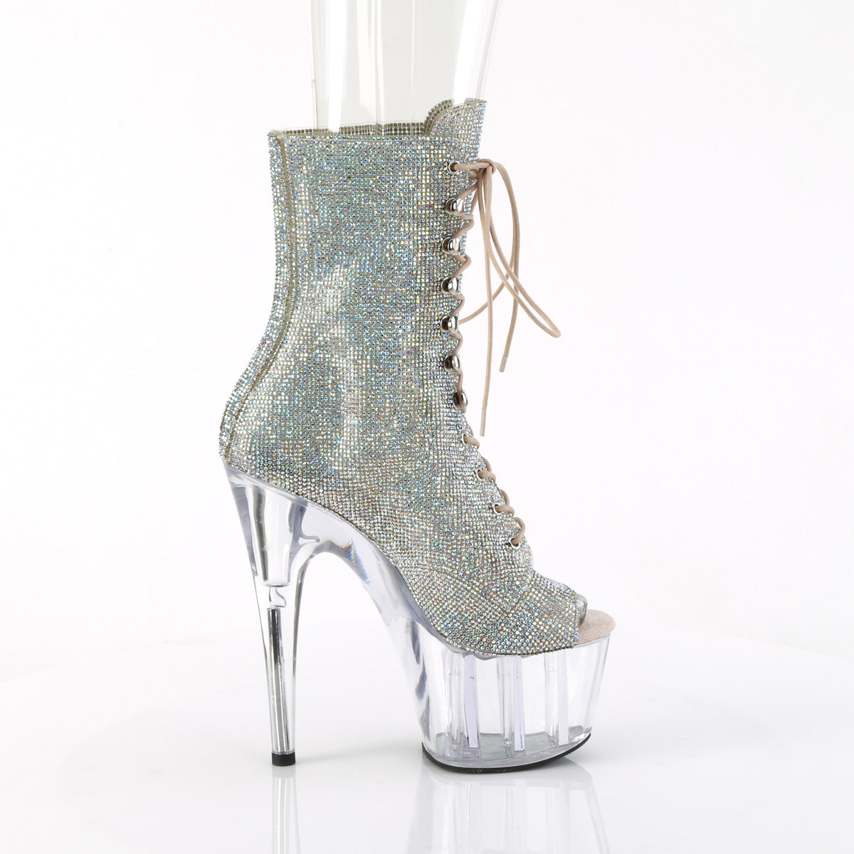 ADORE-1021C-RS 7" Heel, 2 3/4" PF Peep Toe Rhinestoned Ankle Boot,Side Zip
