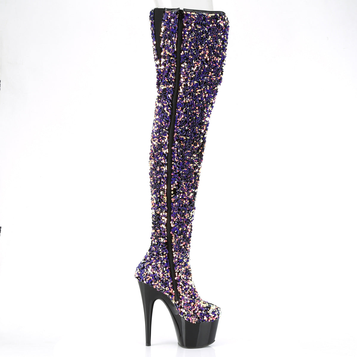 ADORE-3020 *7" Heel, 2 3/4" PF Sequin Thigh High Boot, Inside Zip