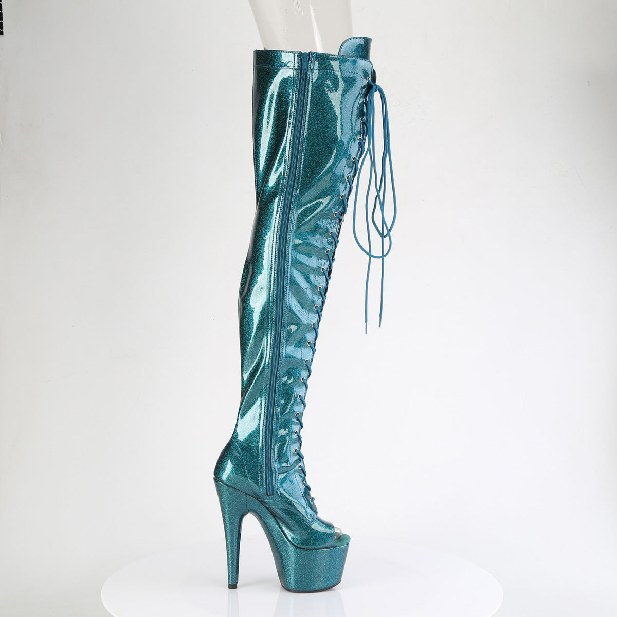 ADORE-3021GP *7" Heel, 2 3/4" PF Peep Toe Lace-Up Thigh Boot, Side Zip