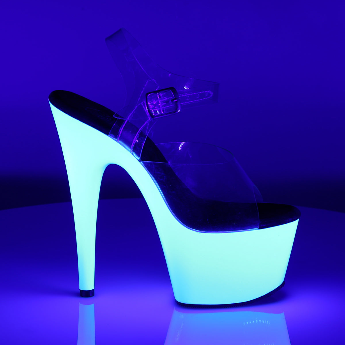 ADORE-708UV 7" Heel, 2 3/4" PF Ankle Strap Neon Bottom Sandal
