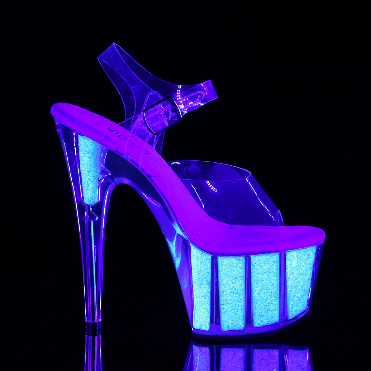 ADORE-708UVG 7" Heel, 2 3/4" PF Ankle Strap Sandal w/ Glitter Inserts