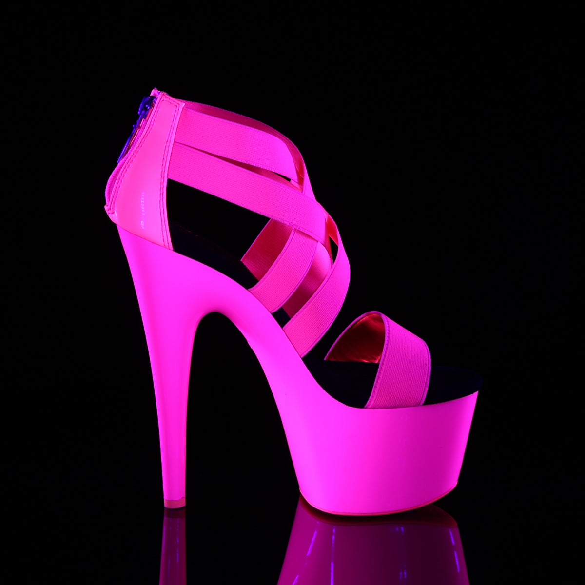 ADORE-769UV 7" Heel,2 3/4" PF UV Reactive Criss Cross Sandal, Back Zip