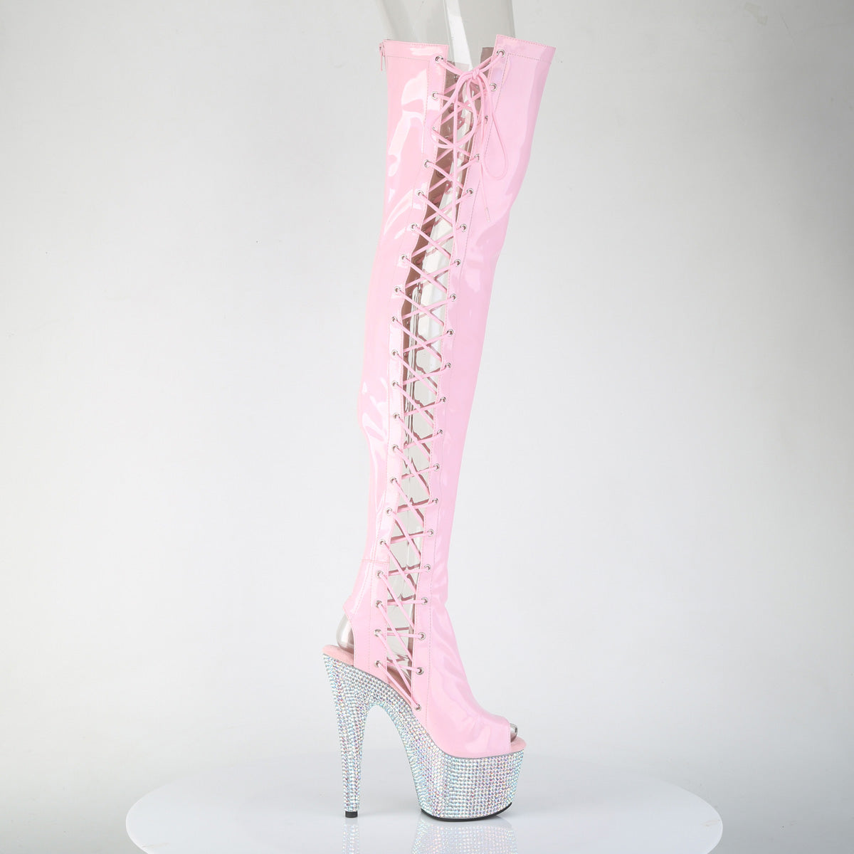 BEJEWELED-3052HG-7 *7" Heel, 2 3/4" PF Open Toe/Back Side Lace Thigh Boot w/RS