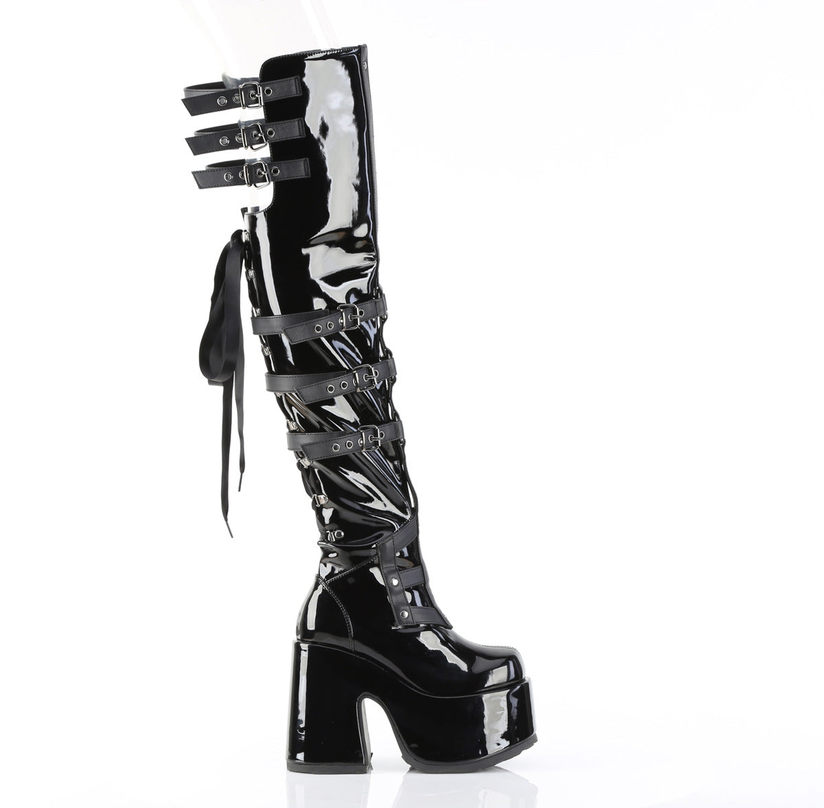 CAMEL-308 5" Chunky Heel, 3" PF Back Lace Thigh-High Boot, Inside Zip