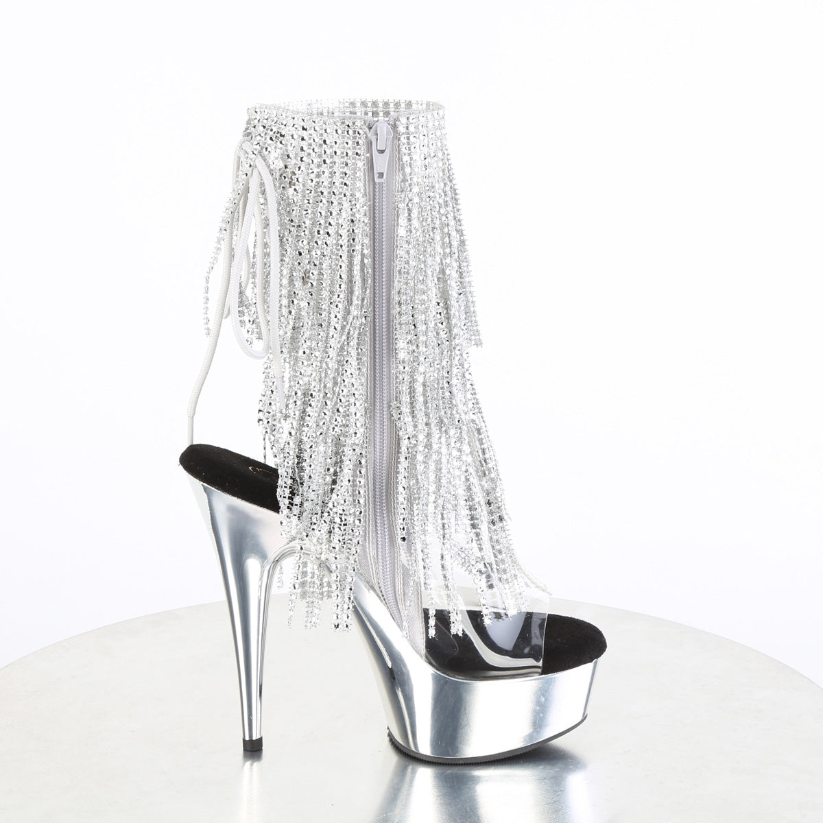 DELIGHT-1017RSF 6" Heel, 1 3/4" PF Open Toe/Heel Lace-Up Fringe Ankle Boot