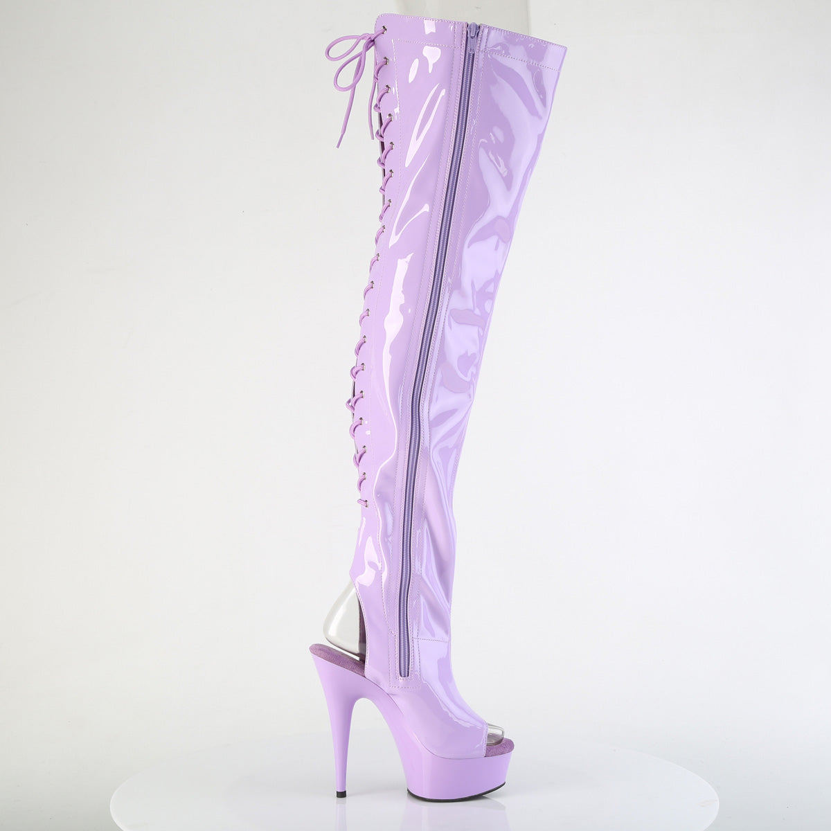 DELIGHT-3017 6" Heel,1 3/4" PF Open Heel/Toe Lace Up Back Thigh High Boot