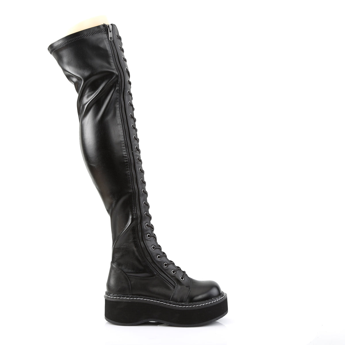 EMILY-375 2" PF STR Thigh-High Lace-Up Boot W/ Outer Metal Zipper