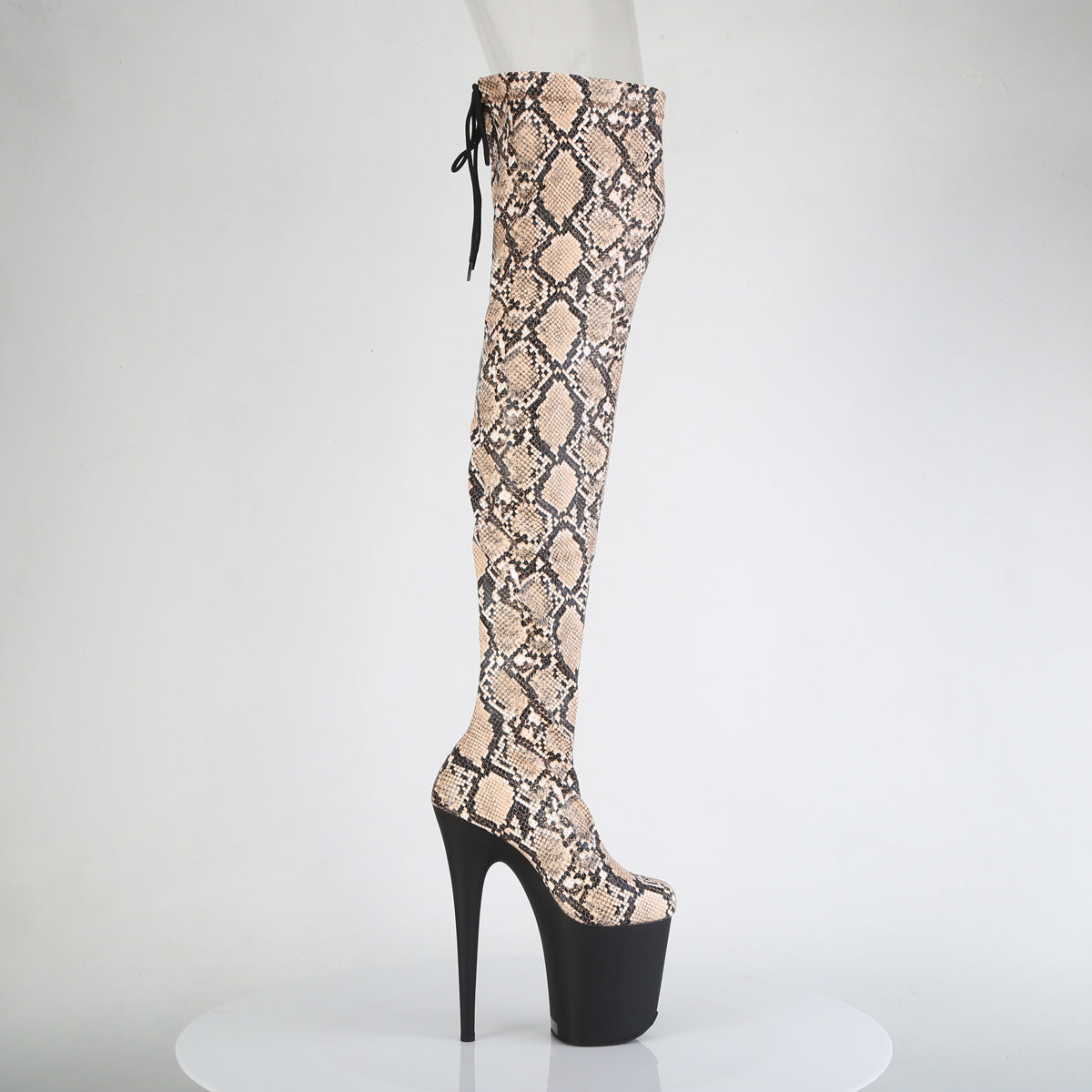 FLAMINGO-3008SP-BT *8" Heel, 4" PF Stretch Snake Print Pull-On Thigh Boot