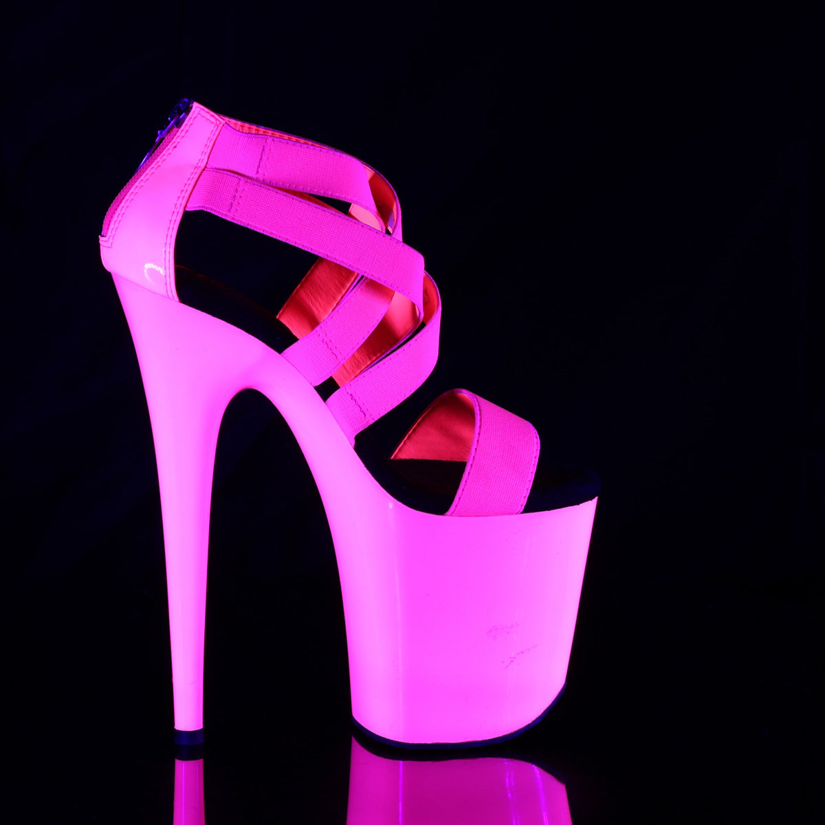 FLAMINGO-869UV 8" Heel, 4" PF UV Reactive Criss Cross Sandal, Back Zip