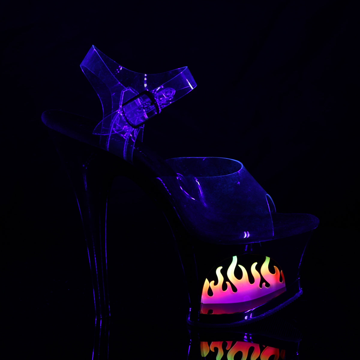 MOON-708FLM 7" Heel, 2 3/4" Cut-Out PF Ankle Strap Sandal w/ Flame