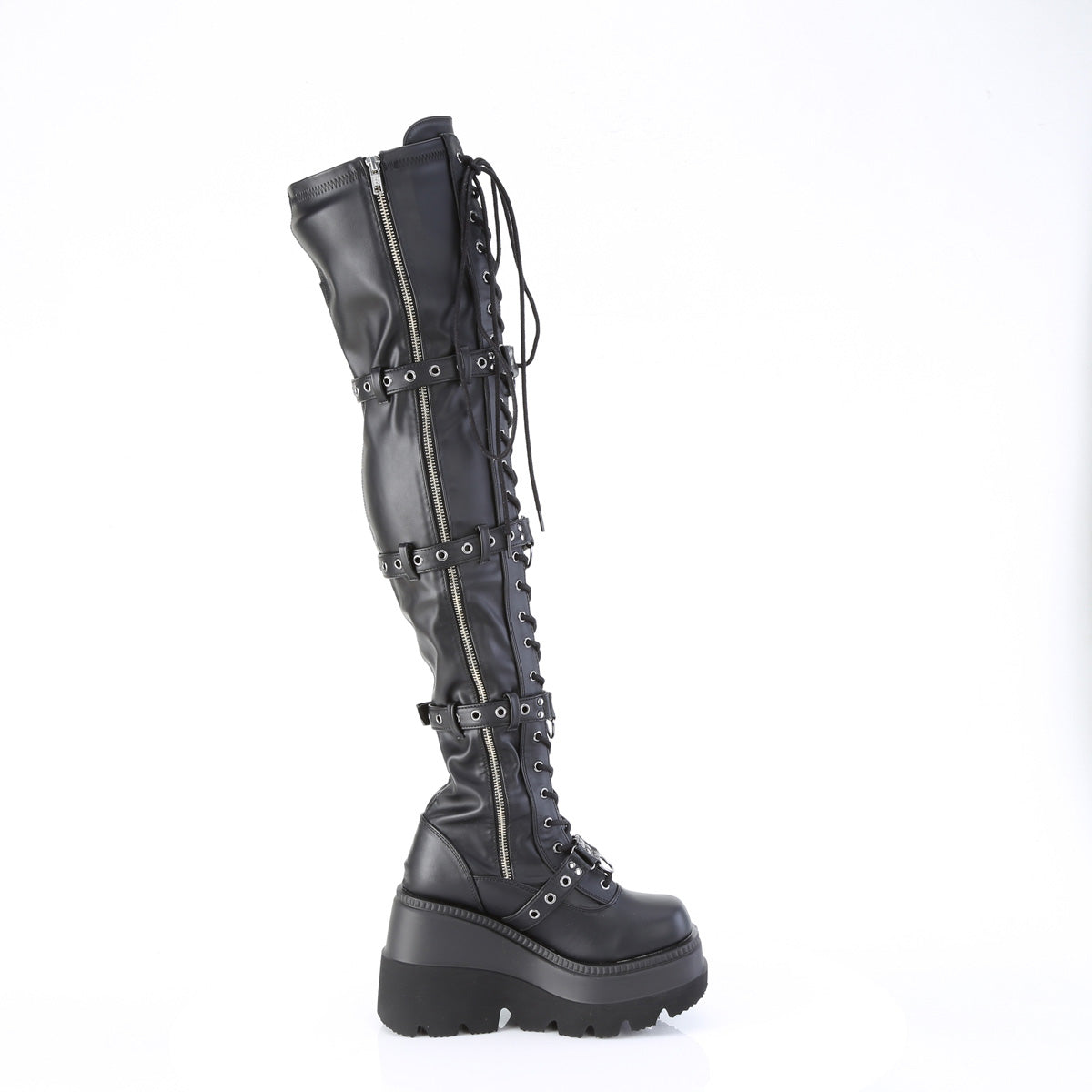 SHAKER-420 4 1/2" Wedge PF Lace-Up Stretch Thigh High Boot, Side Zip
