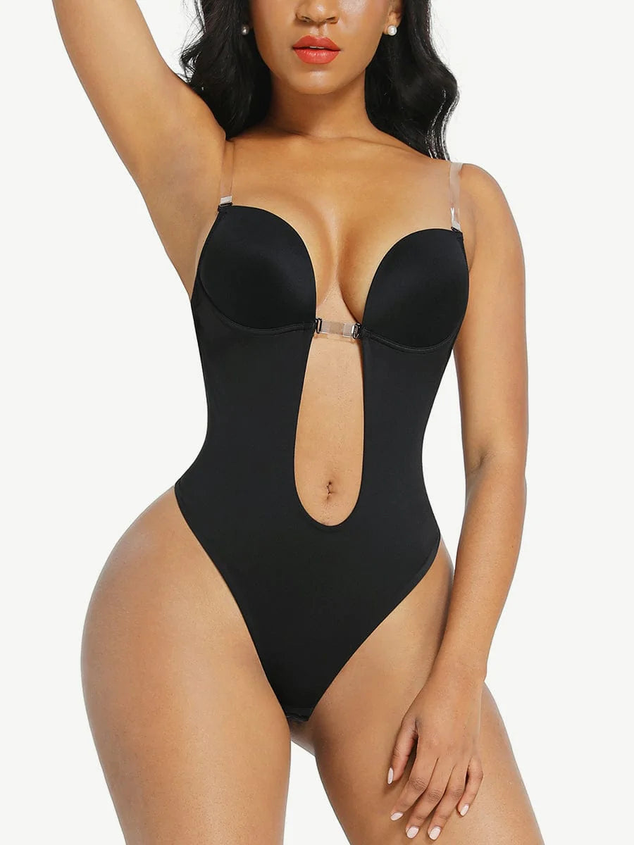 Shapewear Backless U-plunge Bra Fabric Tummy Control Bodysuit with Nubuck Shoulder Straps