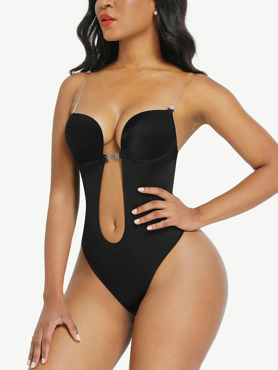 Shapewear Backless U-plunge Bra Fabric Tummy Control Bodysuit with Nubuck Shoulder Straps