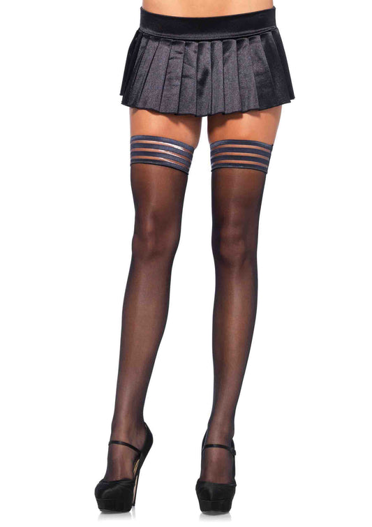 Spandex sheer thigh highs with striped silicone stay up top O/S BLACK