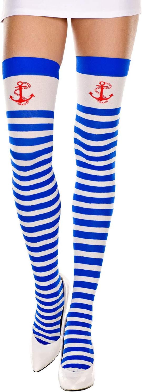 Music Legs Blue and White Striped Opaque Anchor Print Thigh Hi Hosiery, One Size
