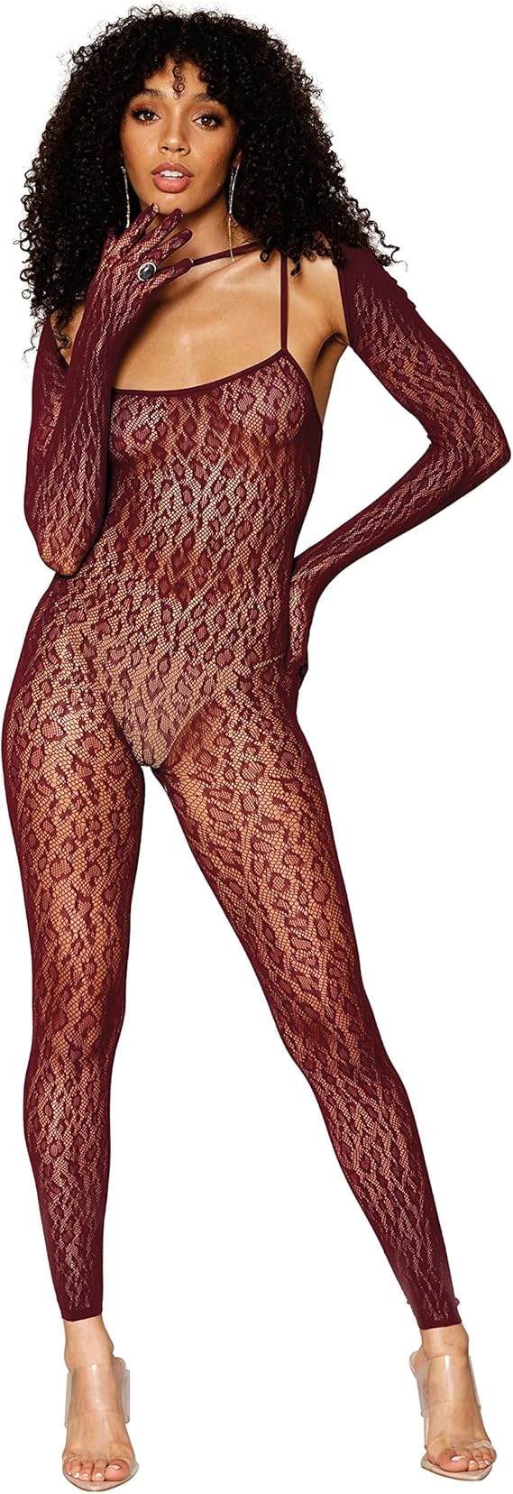Dreamgirl Women's Leopard Fishnet Catsuit Body Stocking with Matching Shrug Set, Scoop Neckline with Shoulder Straps and Long Sleeve Shrug with Built In Finger Gloves, One Size, 1PC, Burgundy
