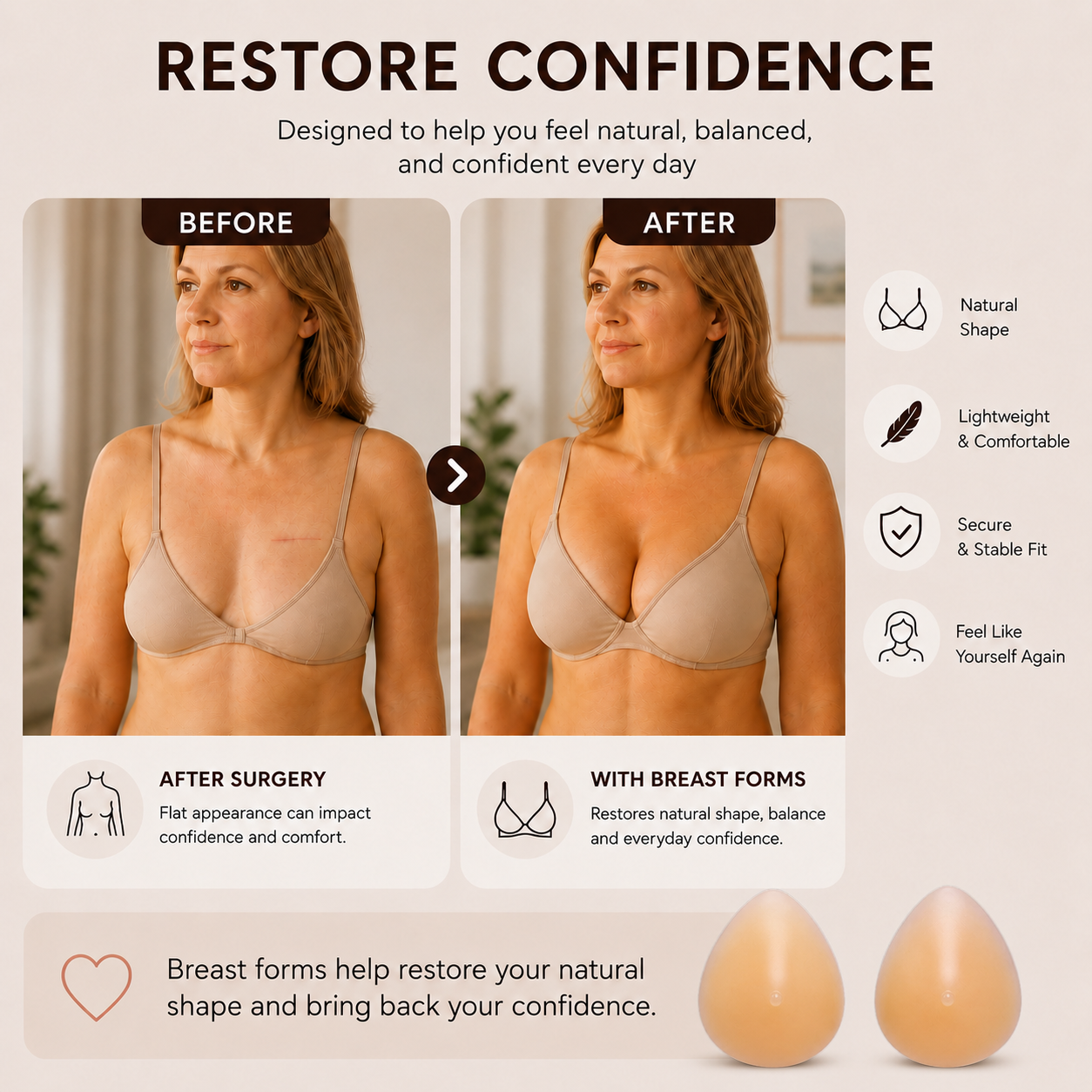 Envy Body Shop Concave Beige Tear Drop Swim Silicone Breast Forms