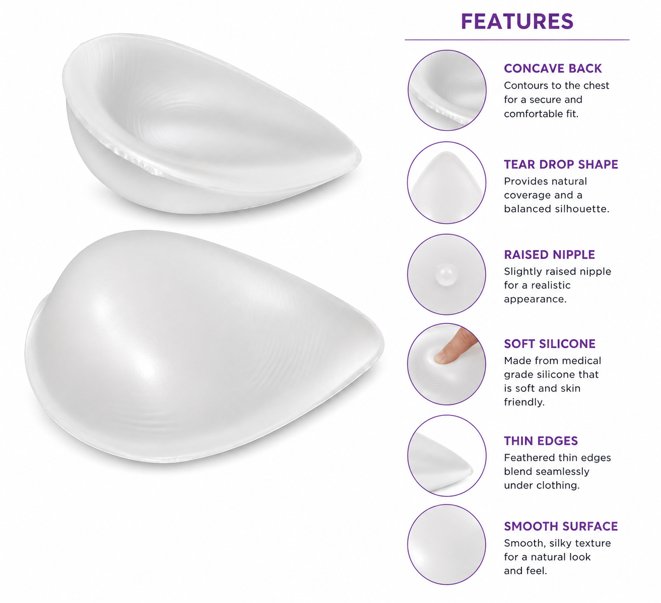 Envy Body Shop Concave Clear Tear Drop Swim Silicone Breast Forms