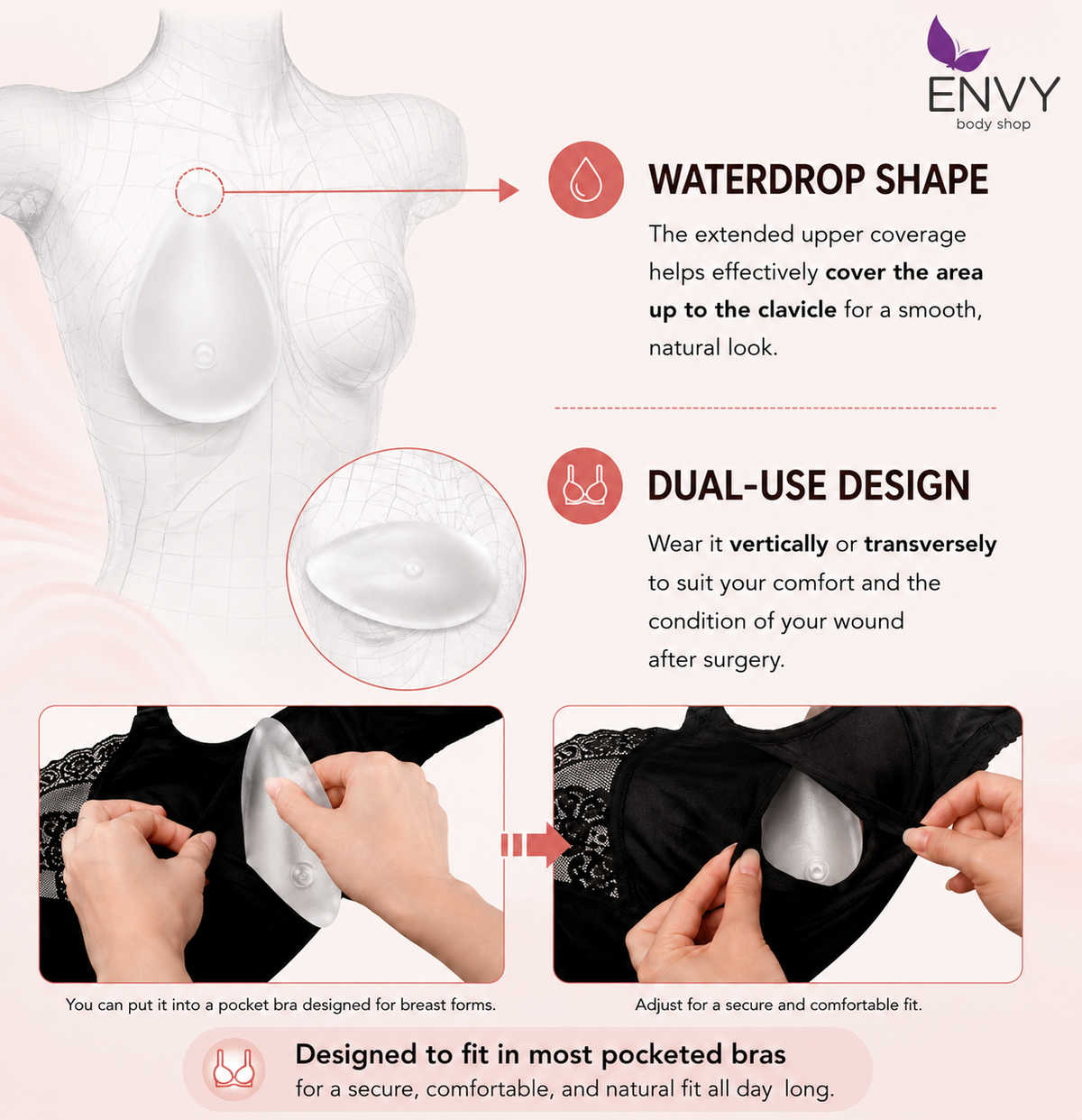 Envy Body Shop Concave Clear Tear Drop Swim Silicone Breast Forms
