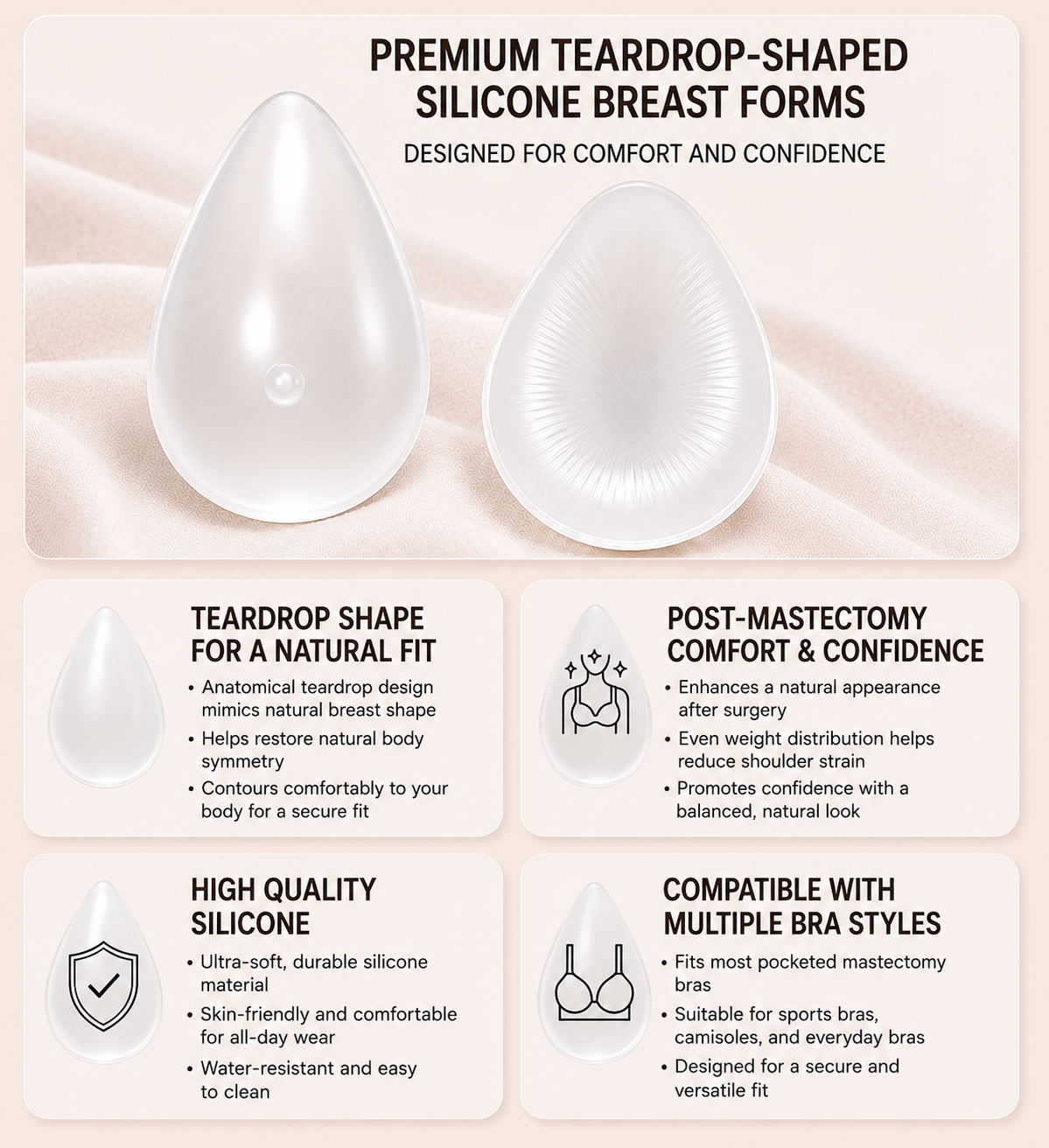 Envy Body Shop Concave Clear Tear Drop Swim Silicone Breast Forms
