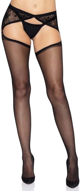 Sheer stockings with attached lace side garterbelt O/S BLACK