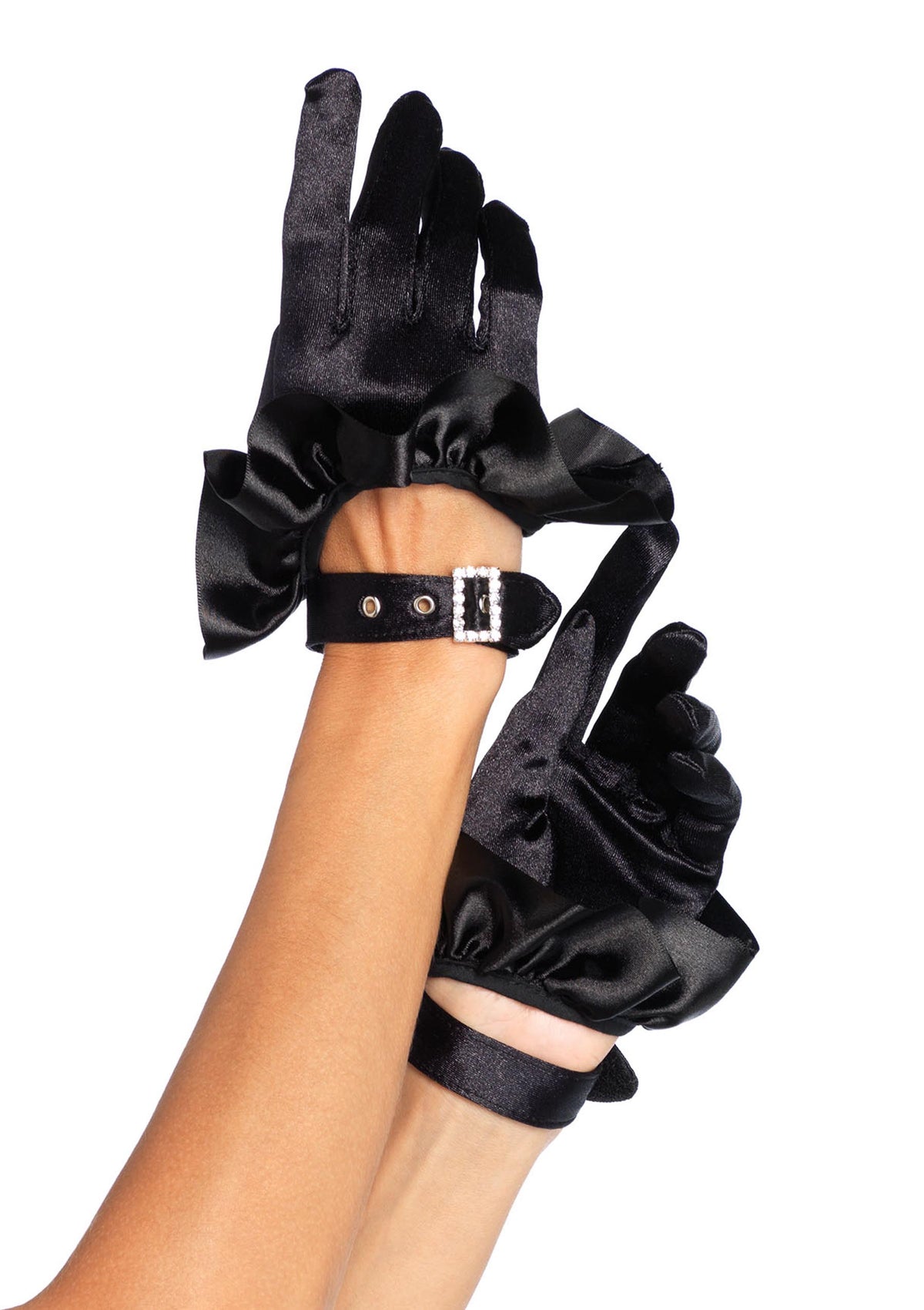 Satin Ruffle Gloves with Rhinestone Buckle