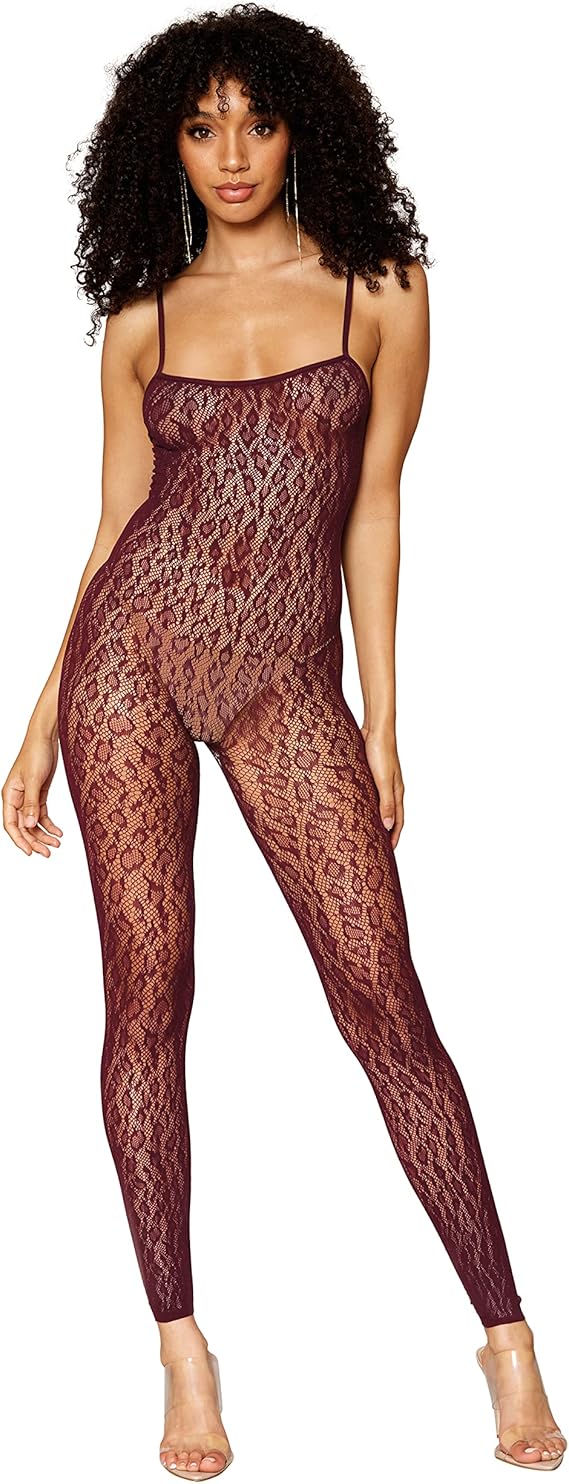 Dreamgirl Women's Leopard Fishnet Catsuit Body Stocking with Matching Shrug Set, Scoop Neckline with Shoulder Straps and Long Sleeve Shrug with Built In Finger Gloves, One Size, 1PC, Burgundy