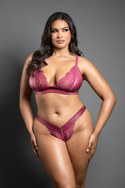 Bralette And Panty In Leatherette And Lace With Zipper Details