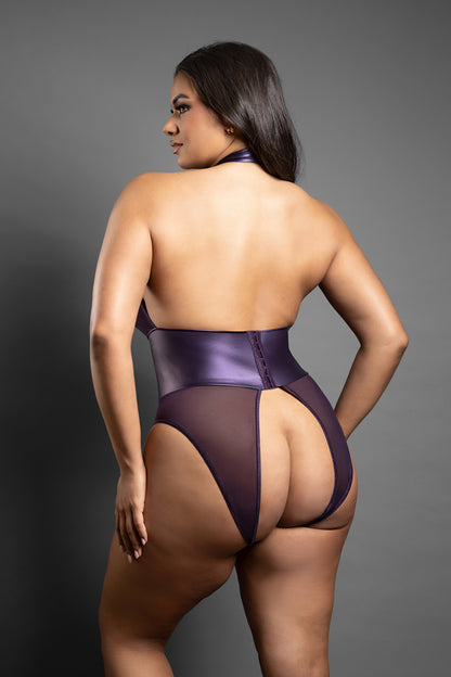 Open Halter Teddy In Mesh And Leatherette With Lace-Up Detail And Matching Blindfold