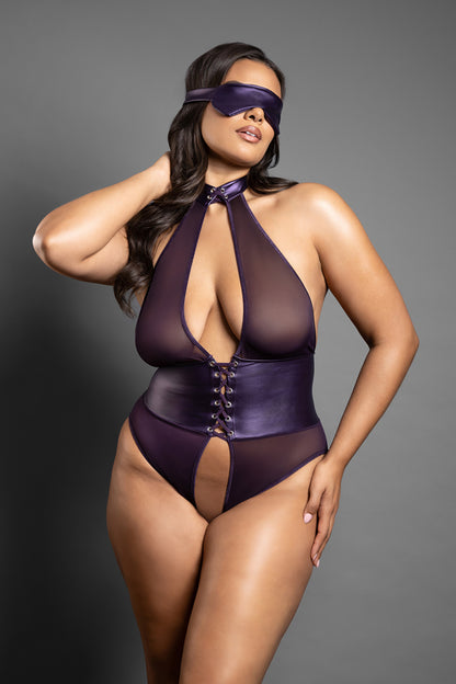 Open Halter Teddy In Mesh And Leatherette With Lace-Up Detail And Matching Blindfold