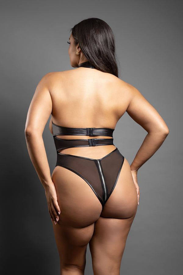 Cupless High-Neck Halter Teddy In Leatherette And Mesh With Zipper Detail And One Pair Of Pasties