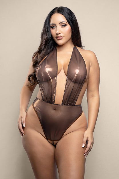 Crotchless Halter Teddy With Plunge Neckline, Open Pearl String Back And Adjustable Pearl G-String In Metallic Foil Mesh