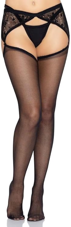 Sheer stockings with attached lace side garterbelt O/S BLACK