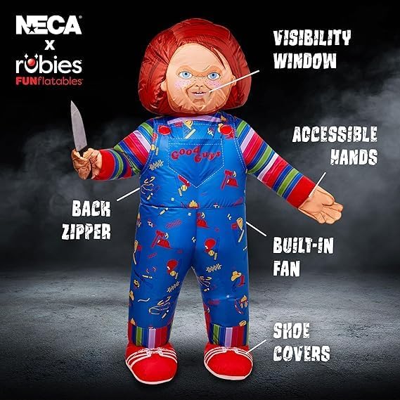 Rubies Licensed Chucky Inflatable Costume- Inflatable Costume Adult Chucky Doll Life Size 6’ Chucky Costume Lightweight Built-In Fan Blow Up Costumes for Adults Funny Halloween Costumes for Men Women