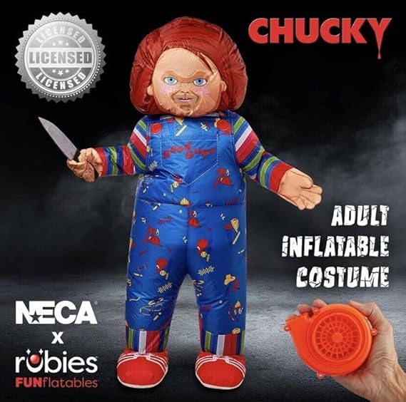 Rubies Licensed Chucky Inflatable Costume- Inflatable Costume Adult Chucky Doll Life Size 6’ Chucky Costume Lightweight Built-In Fan Blow Up Costumes for Adults Funny Halloween Costumes for Men Women