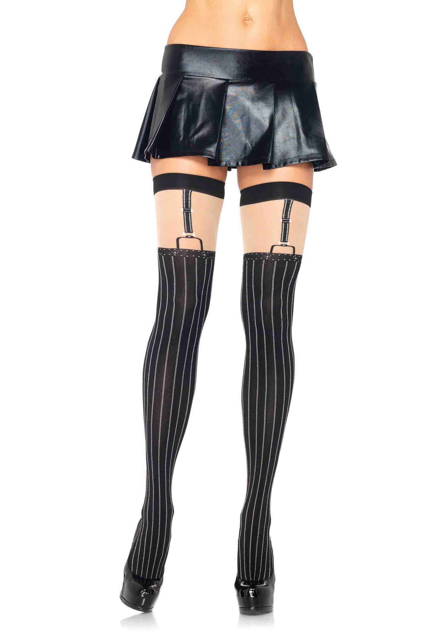 Spandex opaque pinstriped suspender thigh highs O/S BLACK/NUDE