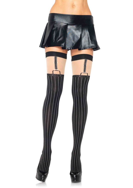 Spandex opaque pinstriped suspender thigh highs O/S BLACK/NUDE