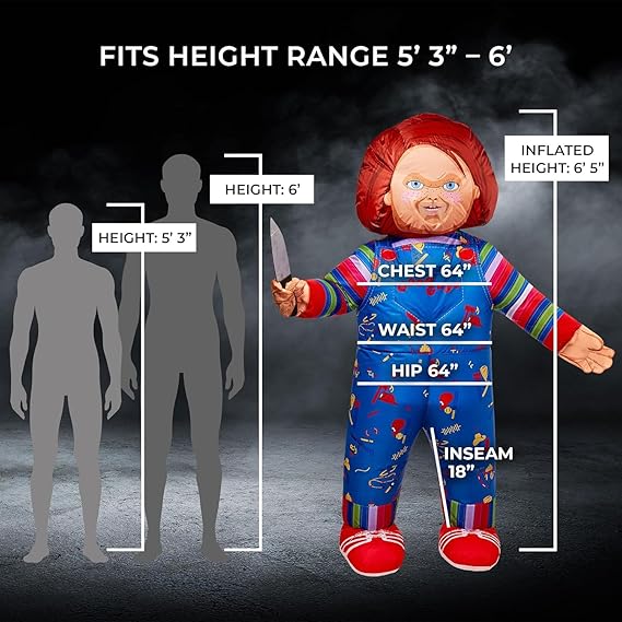Rubies Licensed Chucky Inflatable Costume- Inflatable Costume Adult Chucky Doll Life Size 6’ Chucky Costume Lightweight Built-In Fan Blow Up Costumes for Adults Funny Halloween Costumes for Men Women