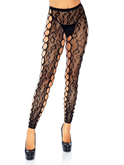 Leopard Lace Footless Crotchless Tights With Net Side Panel
