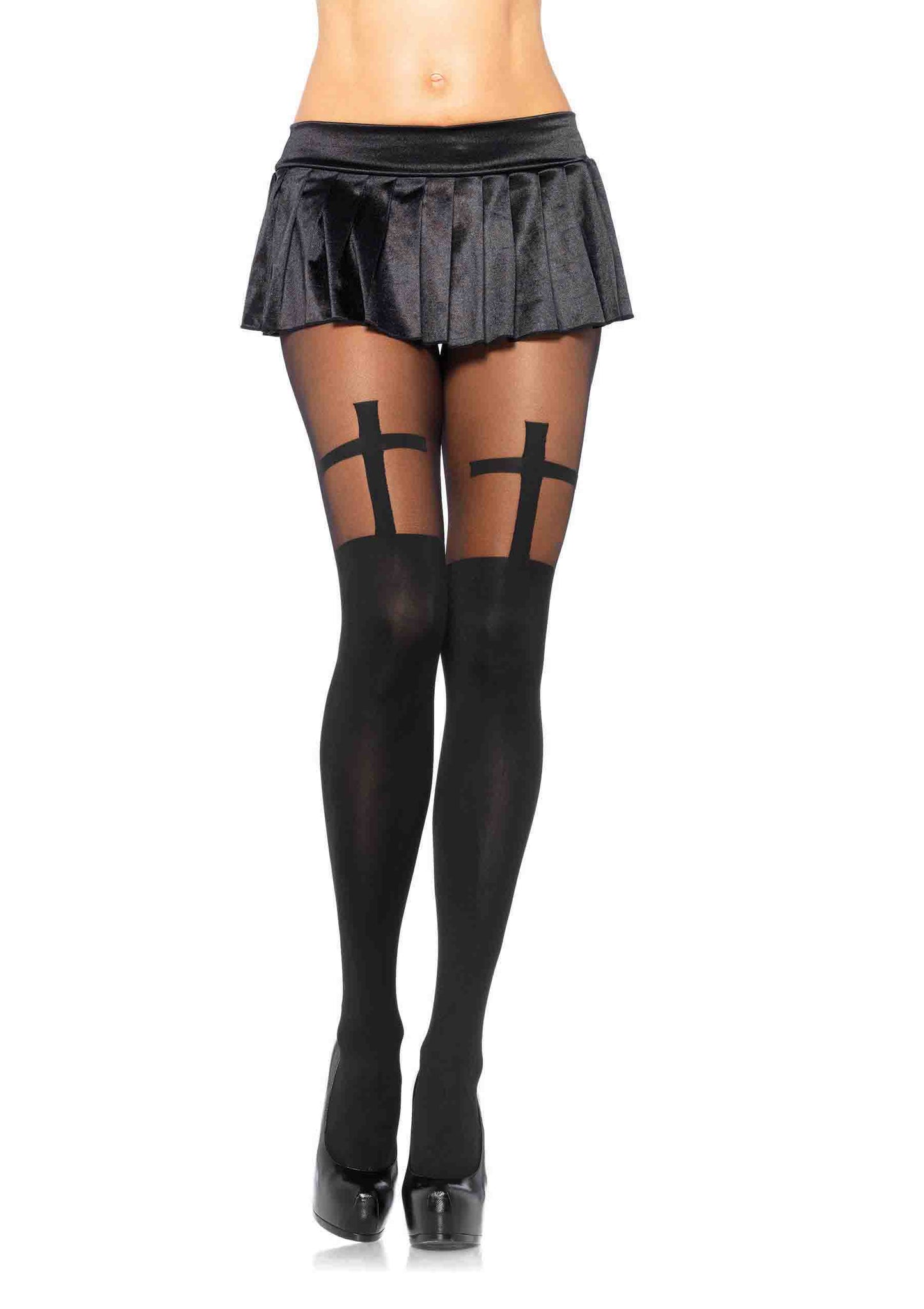 Spandex opaque cross pantyhose with sheer thigh accent O/S BLACK